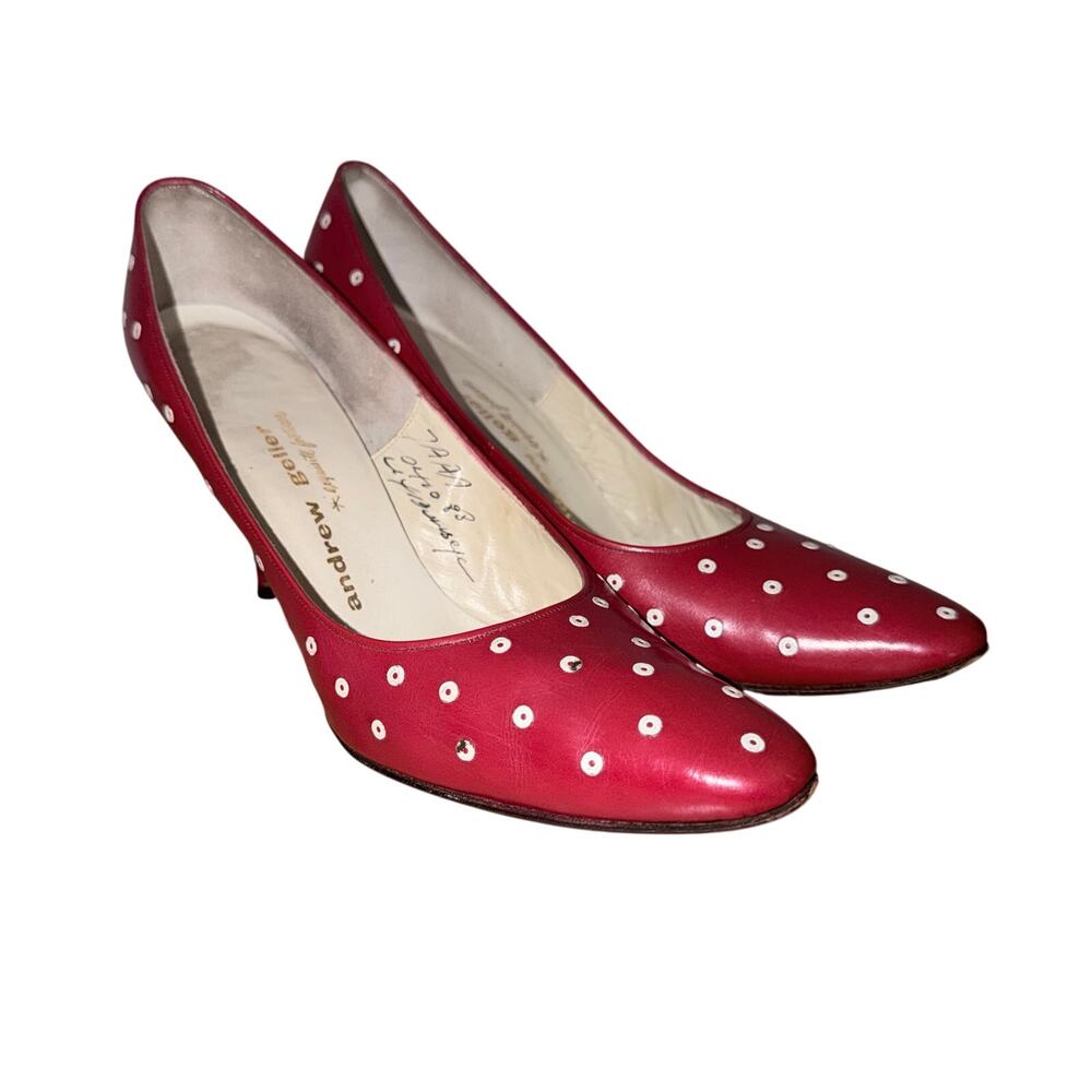 Vintage Andrew Geller Red Leather Polka Dot Pumps Pointed Heels 7 toe taps pinup